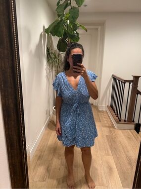 Blue Floral Wrap Dress with Tie Waist